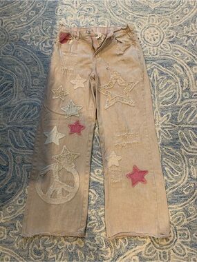 Oh jeans light beige pink color Flare Jeans with Star & Peace Patch Accents